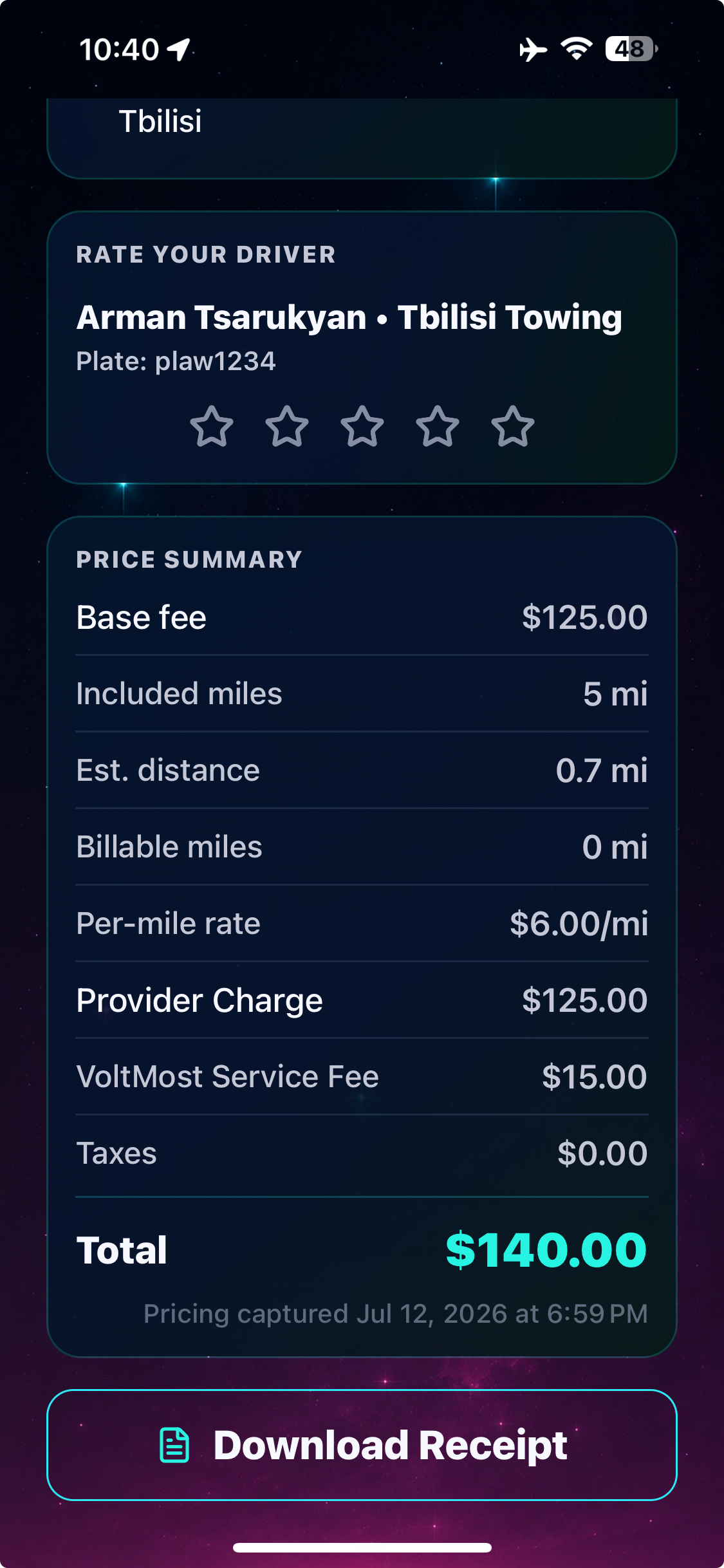 VoltMost completed request receipt and rating screen