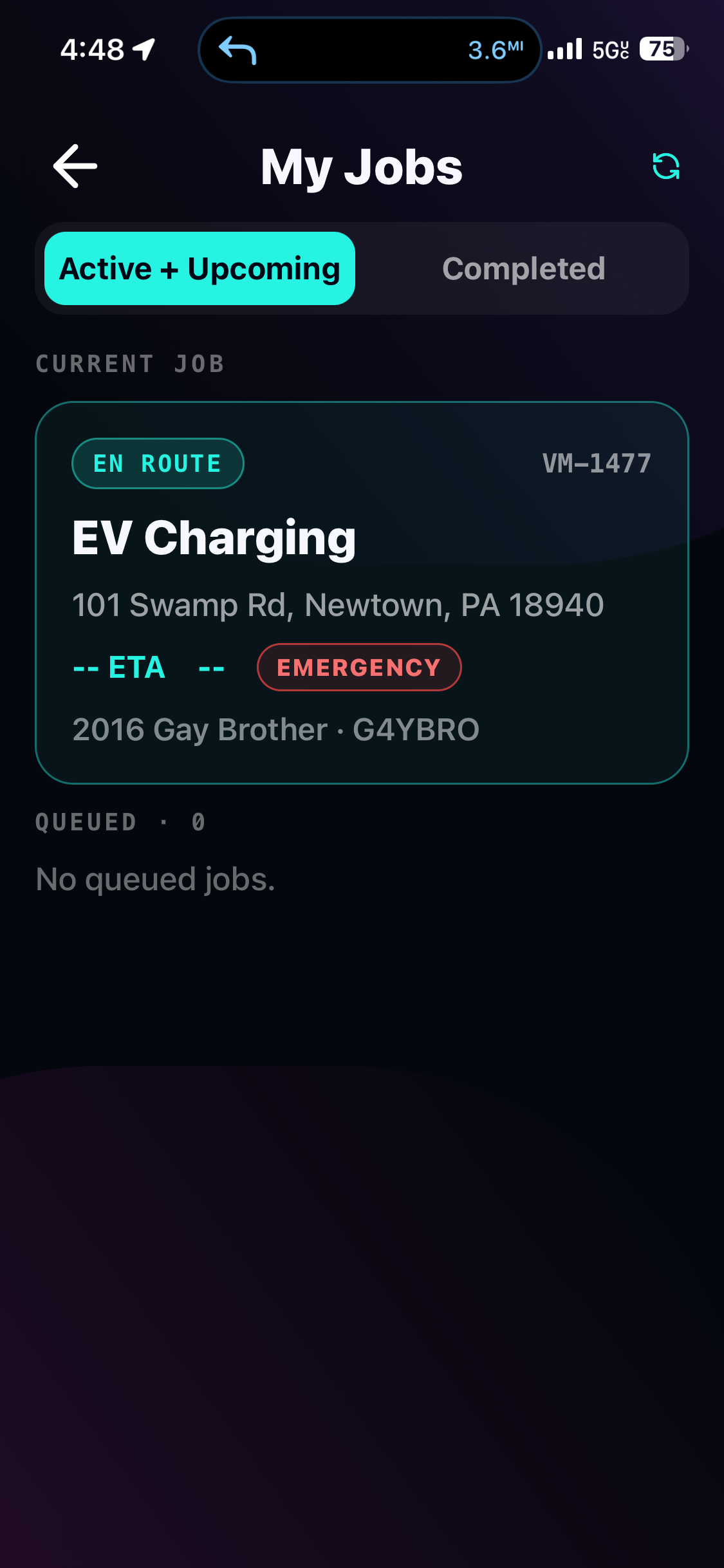 VoltMost operator app Active and Upcoming jobs screen showing the current en route job and an empty queue