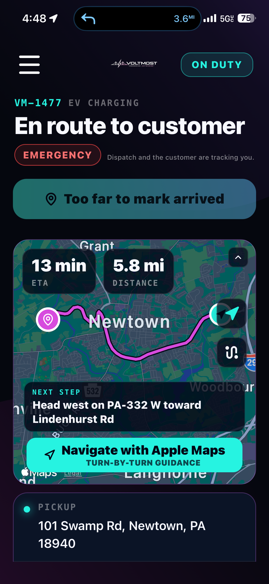 VoltMost operator app En route screen showing the job route on a map with a 13 minute ETA and 5.8 mile distance