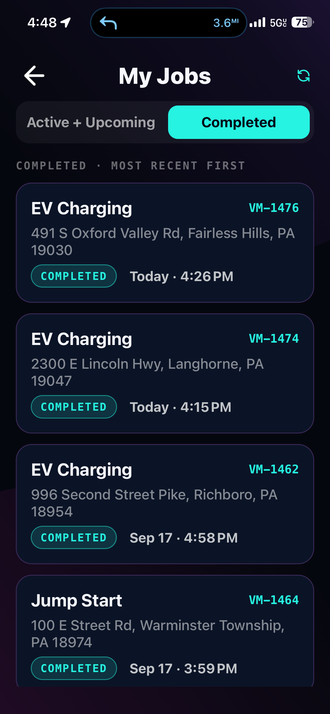 VoltMost operator app My Jobs screen listing completed jobs with request numbers, addresses and times